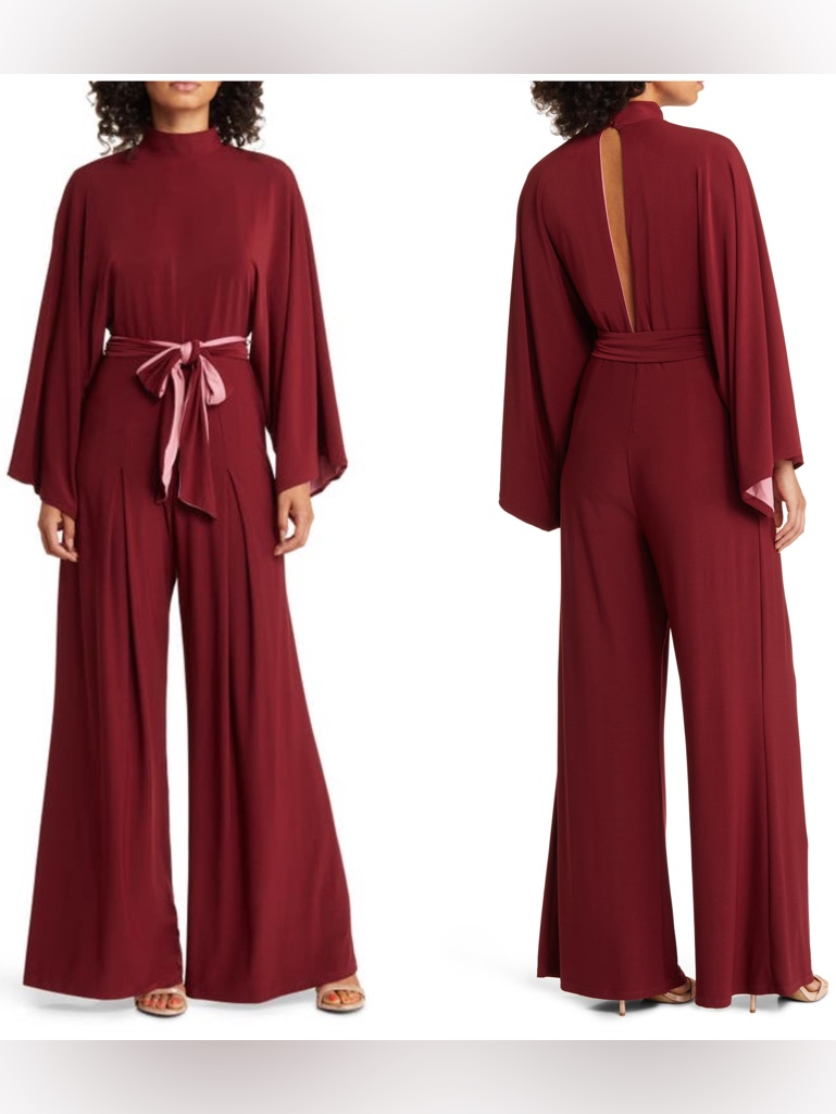 Jewel Badgley Mischka Mock Neck Burgundy Tie Belt Wide-Leg Jumpsuit Nwt $208